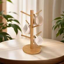 1pc Bamboo Tree-Shaped Cup Holder, 6-Hook Wooden Draining Cup Rack, Vertical Countertop Coffee & Tea Cup Storage Rack, Kitchen Use Natural Bamboo Tree-Shaped Cup Hanging Rack, Minimalist Vertical Coffee Cup & Tea Cup Hanging Rack With Non-Slip Base Cup Storage Rack - Cup Holder - View 2