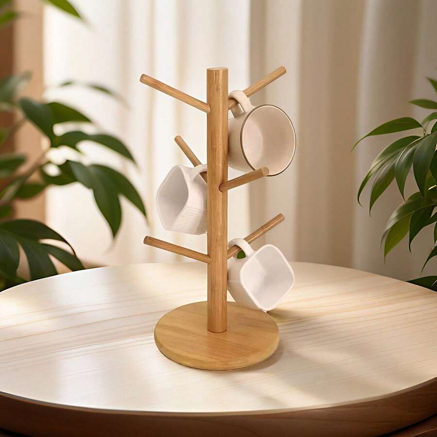 1pc Bamboo Tree-Shaped Cup Holder, 6-Hook Wooden Draining Cup Rack, Vertical Countertop Coffee & Tea Cup Storage Rack, Kitchen Use Natural Bamboo Tree-Shaped Cup Hanging Rack, Minimalist Vertical Coffee Cup & Tea Cup Hanging Rack With Non-Slip Base Cup Storage Rack - Cup Holder - View 1