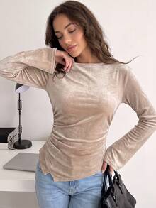 Fall Clothes For Women Vintage Tight-Fit Style Shirts Inverted Trumpet Sleeve Irregular Women's Knitted Long Sleeved Ruffled Waist Tops Going Out Tops - Khaki - View 2