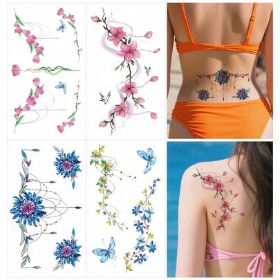 4pcs Watercolor Floral & Butterfly Temporary Tattoo Sticker Set, Includes Soft Pink Peach Blossom, Blue Mandala, Colorful Butterfly Vine, Tassel Floral Decoration, Fresh And Elegant Hand-Drawn Patterns, Transparent And Soft Colors, Creates A Gentle And Ethereal Atmosphere, Waterproof And Sweat-Resistant, Adheres Well To Skin, Long-Lasting And Smudge-Resistant, Easy Water Transfer Application, Gentle And Skin-Friendly Material, Suitable For Lower Back, Shoulder, Back, Collarbone, Waist, Thigh, Perfect For Beach