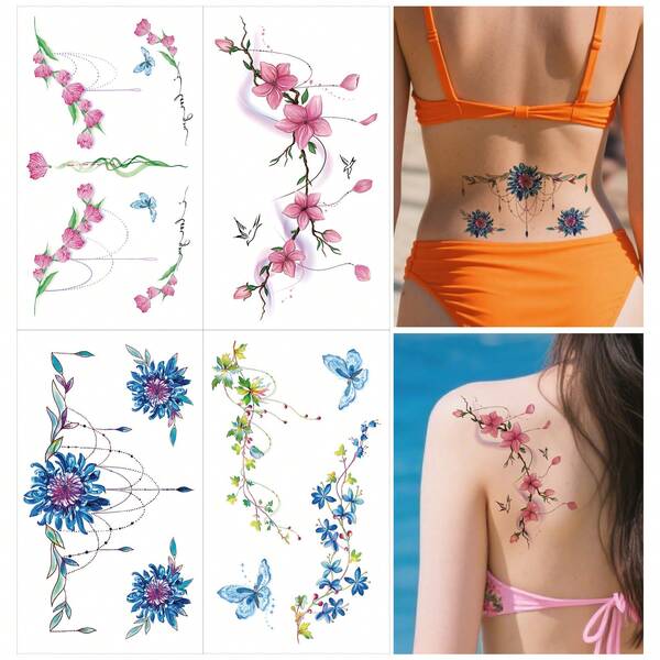 4pcs Watercolor Floral & Butterfly Temporary Tattoo Sticker Set, Includes Soft Pink Peach Blossom, Blue Mandala, Colorful Butterfly Vine, Tassel Floral Decoration, Fresh And Elegant Hand-Drawn Patterns, Transparent And Soft Colors, Creates A Gentle And Ethereal Atmosphere, Waterproof And Sweat-Resistant, Adheres Well To Skin, Long-Lasting And Smudge-Resistant, Easy Water Transfer Application, Gentle And Skin-Friendly Material, Suitable For Lower Back, Shoulder, Back, Collarbone, Waist, Thigh, Perfect For Beach