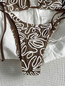 Women's Summer Fashion Asymmetrical Striped Triangle Tie Bikini Set For Vacation - Coffee Brown - View 3