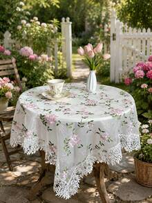 1pc Pink Pattern Embroidered Tablecloth, Lace Trim Decoration, Polyester Fabric, Embroidered Floral Pattern Tablecloth, Rectangular Square Tablecloth, Suitable For Dining Room Living Room Tabletop Decoration - White - View 8