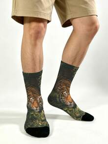 1 Pair Vintage Forest Jungle Tiger & Green Plant Illustration All-Over Print Mid-Calf Socks, Unisex Couple Socks For Travel, Black Reinforced Wear-Resistant Toe, Breathable Skin-Friendly High Elastic, Suitable For Denim Shorts, Cargo Pants, Dress Pants, Loafers, Slippers, Casual Commute Campus Student Socks, Beach Vacation Outfit, Outdoor Outing, Summer Party Gift, Random Print Position - Multicolor - View 2