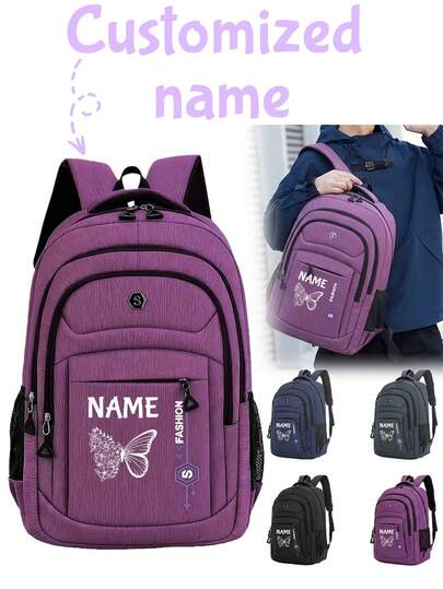 1 pieza Mochila personalizada de gran capacidad para volver a la escuela, estampado de mariposa minimalista casual, cierre de cremallera, material de nailon, correas de hombro ajustables, asa de mano, adecuada para la escuela, el transporte, las compras, el uso diario. Regalo de cumpleaños.