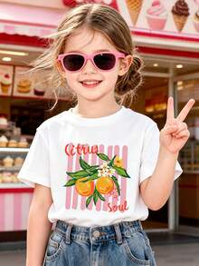 Girls' T-Shirt Featuring Citrus Orange And Blossom Print With Green Leaves, Pink Vertical Stripe Backdrop And 'Citrus Soul' Script - White - View 5