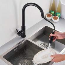 Stainless Steel Pull-Out Kitchen Faucet, Single Hole, 360° Swivel High Arc Modern Sink Tap, 2-Mode Spray Head, Suitable For Farmhouse, RV, Bar, Kitchen - Black - View 6
