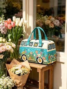 1pc Floral Bus Travel Storage Bag, Foldable Storage Bag, Multi-Functional Storage Bag, Butterfly Floral Bus Pattern Design, Simple And Fashionable. Large Capacity Tote Bag Style, Suitable For Outdoor, Travel, Gym, Dorm Storage, Holiday Gift, Travel Bag, Toiletry Bag, Makeup Bag, Travel Essential, Back To School, Halloween, Gift Essential, Home Storage Essential - Multicolor - View 9