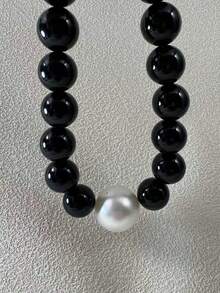 1pc French Minimalist Elegant Black & White Contrast Acrylic Beaded Faux Pearl Necklace, Versatile Jewelry Gift For Women - 31979-nek-black-eP - View 10