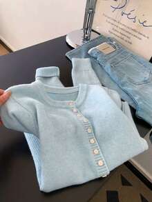 Women's Mint Green Knitted Wool Cardigan, Comfortable And Warm, Long Sleeve Ribbed Knit Top, Round Neck Button Front, Winter Essential Fall - Baby Blue - View 5