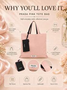 Prada Pink Tote Bag, Large Bag With A Matching Coin Purse, Soft Fabric And Spacious Capacity, Suitable For Daily Commuting - Pink - View 5