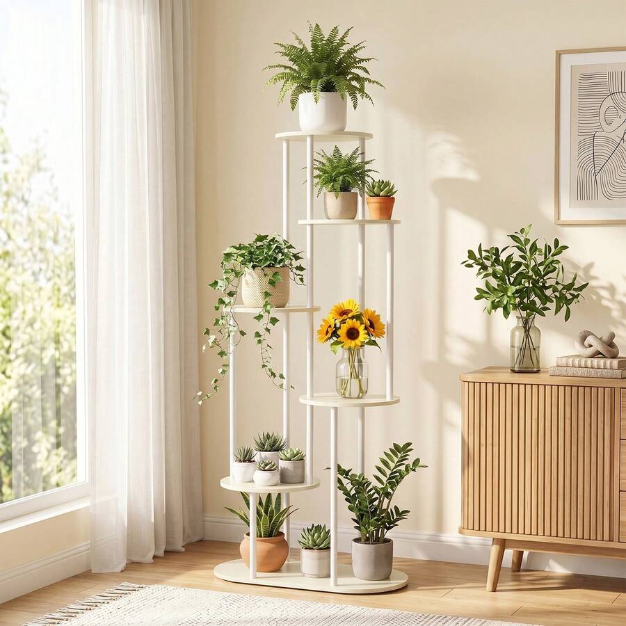 Modern Plant Stand 4/5/6 Tier Wooden Shelving & Metal Flower Rack For Indoor Garden & Outdoor Use - White - View 1