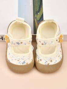 1 Pair Beige Floral Decor Ruffle Edge Baby Sneakers, Suitable For Autumn Indoor And Outdoor Wear - Beige - View 2