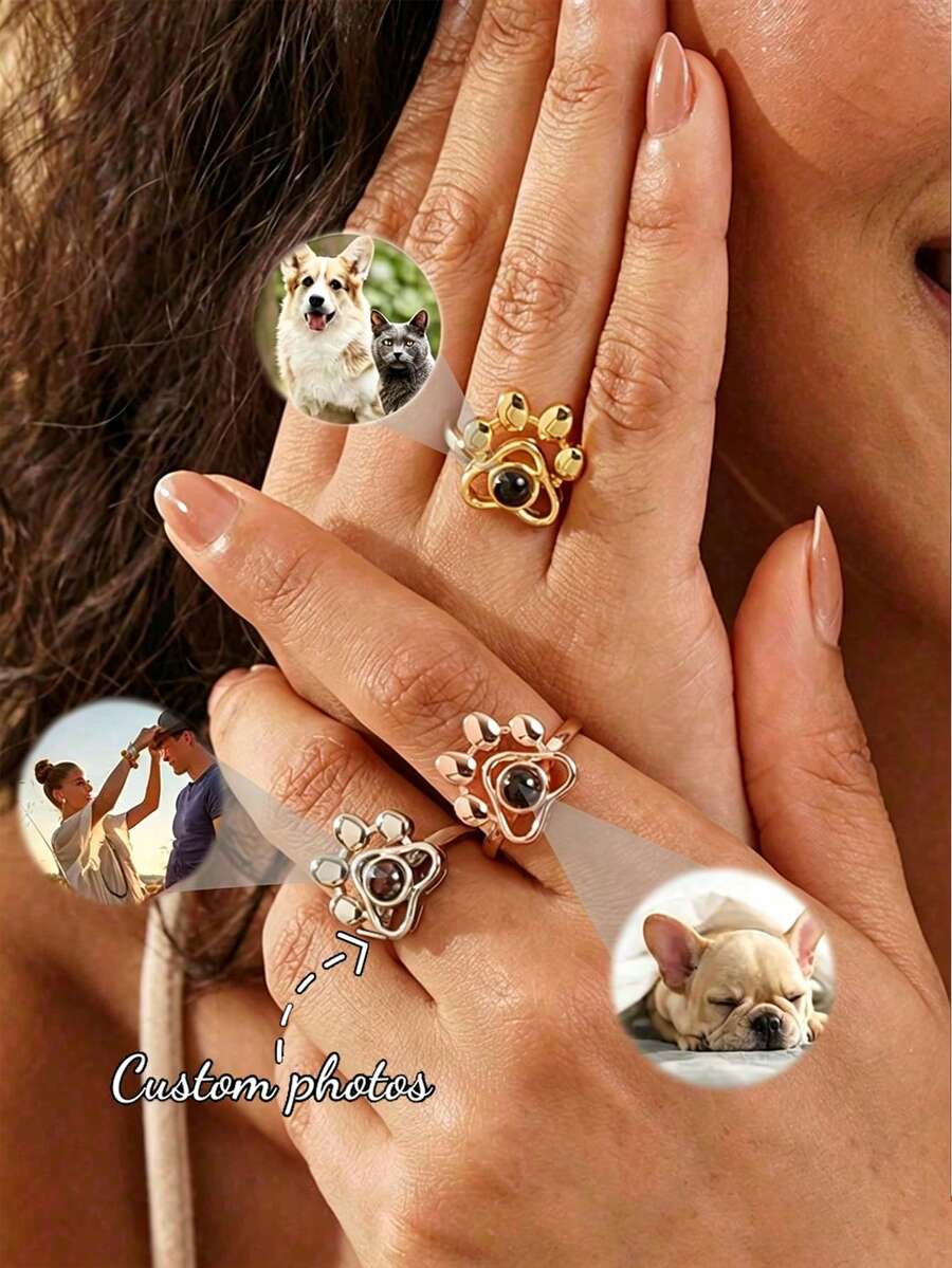 Customized Dog Paw Projection Ring, Pet Photo Ring, Pet Memorial Jewelry, Projection Jewelry, Puppy Photo Ring, Gift For Mom, Christmas Gift For Her