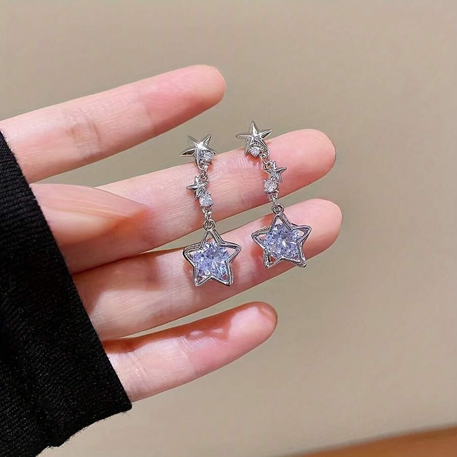 Aretes de Estrella con Cristales Decorativos, Pendientes Huecos Elegantes para Mujer, Accesorio de Moda Y2K - Plateado - Ver 1