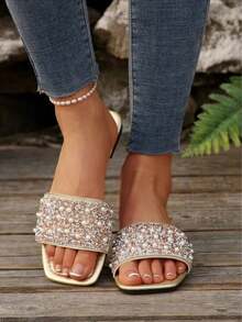 Women's Flat Sandals With Bow Knot And Metal Buckle, Fashionable Open Toe, Versatile, Exquisite, Lightweight Outdoor Wear - Champagne - View 1