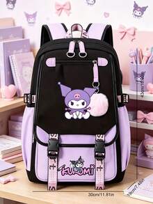 SANRIO Kawaii Kuromi Print Backpack, Contrast Color Large Capacity Multi-Pocket School Bag, Preppy Durable Daypack For Daily Commute Back To School Travel - Multicolor - View 3