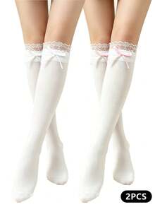 1PC/2pcs Women's Solid Color Calf-Length Socks Sweet Lace Trim Cute Bow Detail Cut-Out Socks, Breathable Lightweight Adorable Hosiery For Daily Commute - Multicolor - View 10