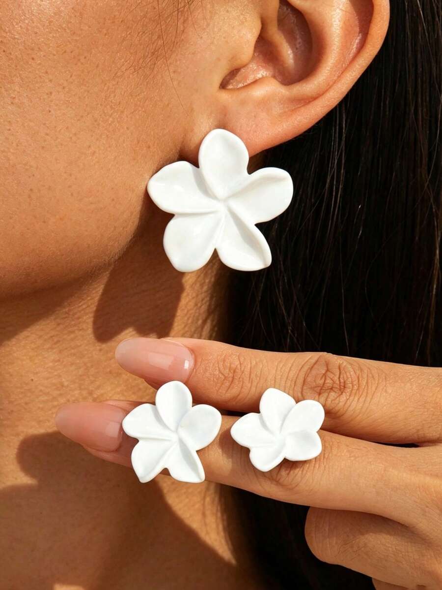 3對夏季度假海灘風浪漫優雅精緻奢華軟白色雞蛋花女款耳釘耳環套組,小號、中號、大號 - 白色 - 查看 1