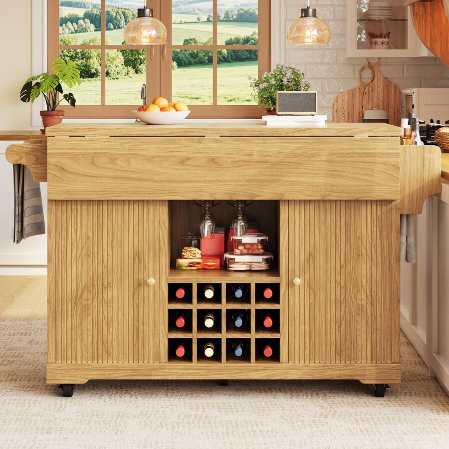 Multifunctional Service Cart, Kitchen Trolley With Storage, Adjustable Shelves And Wine Bottle Holder, Mobile Side Table For Dining Room, Living Room And Balcony, Natural Brown - Natural Wood Color - View 1