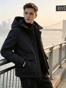 Men Hooded Puffer Jacket, Zip Up Multi Pocket Windproof Warm Winter Outdoor Down Coat - Black - View 3