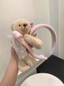 1pc Pink Plush Bear Headband With Lace Bow, Cute Women's Face Wash Headband - Multicolor - View 3