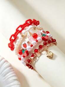 6pcs Girls Strawberry Pearl Beaded Butterfly Heart Bracelet Set - A - View 2