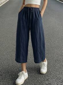 Women's 7/8 Length Wide Leg Pants, Summer New Elastic Waist Drawstring Lightweight Breathable, Slouchy, Loose Casual Pants, Suitable For Daily Wear - Navy Blue - View 2