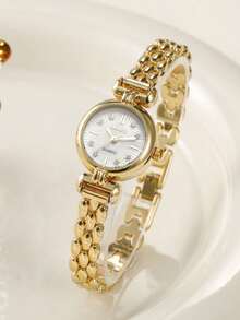 LIANDU 1pc Vintage Exquisite Small Round Women's Quartz Watch, Gold Sun-Ray Dial, Inlaid Pearl Mother-Of-Pearl Markers, Metal Chain Bracelet, Alloy Steel Band, British Vintage Style, Niche Luxury Fashion Quartz Wristwatch, Suitable For Daily, Holiday, Party, Ramadan, Eid, Office, Thanksgiving, Wedding, Banquet, Date, Christmas, Back To School, Halloween, Easter And Other Occasions, Best Gift For Women - Gold - View 9