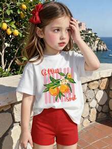 Girls' T-Shirt Featuring Citrus Orange And Blossom Print With Green Leaves, Pink Vertical Stripe Backdrop And 'Citrus Soul' Script - White - View 1