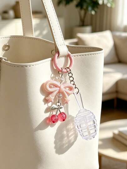 Cute Honey Lip Balm Bottle Keychain, Pink Bow Cherry Pendant, Fashionable Lip Balm Tube, Portable Travel Lip Gloss Bottle, Lipstick Tube, Lip Balm Applicator, Empty Lip Gloss Container, Sweet Decorative Charm, Beauty Container, Bridal Gift, Party Gift, Suitable For Beauty Girls, Teenage Students, Teacher Gifts (Empty Tube Only, Needs Refill)