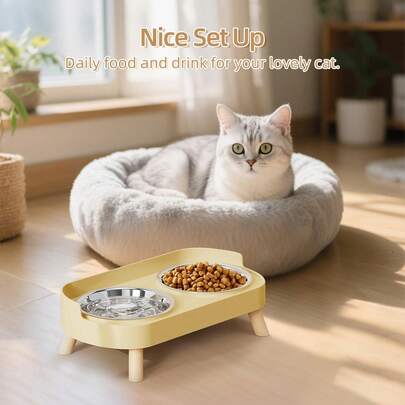 Elevated Cat Food & Water Bowl Set, 2 Stainless Steel Pet Feeding Bowls, Modern Style, Designed For Indoor Cats, Anti-Splash, Includes 2 Stainless Steel Cat Food & Water Bowls, Suitable For Cats And Puppies, No Whisker Fatigue