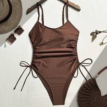 2026女款時尚性感連身泳衣，純色細肩帶側綁帶設計，適合夏季度假、海灘假期，棕色 - 棕色 - 查看 6