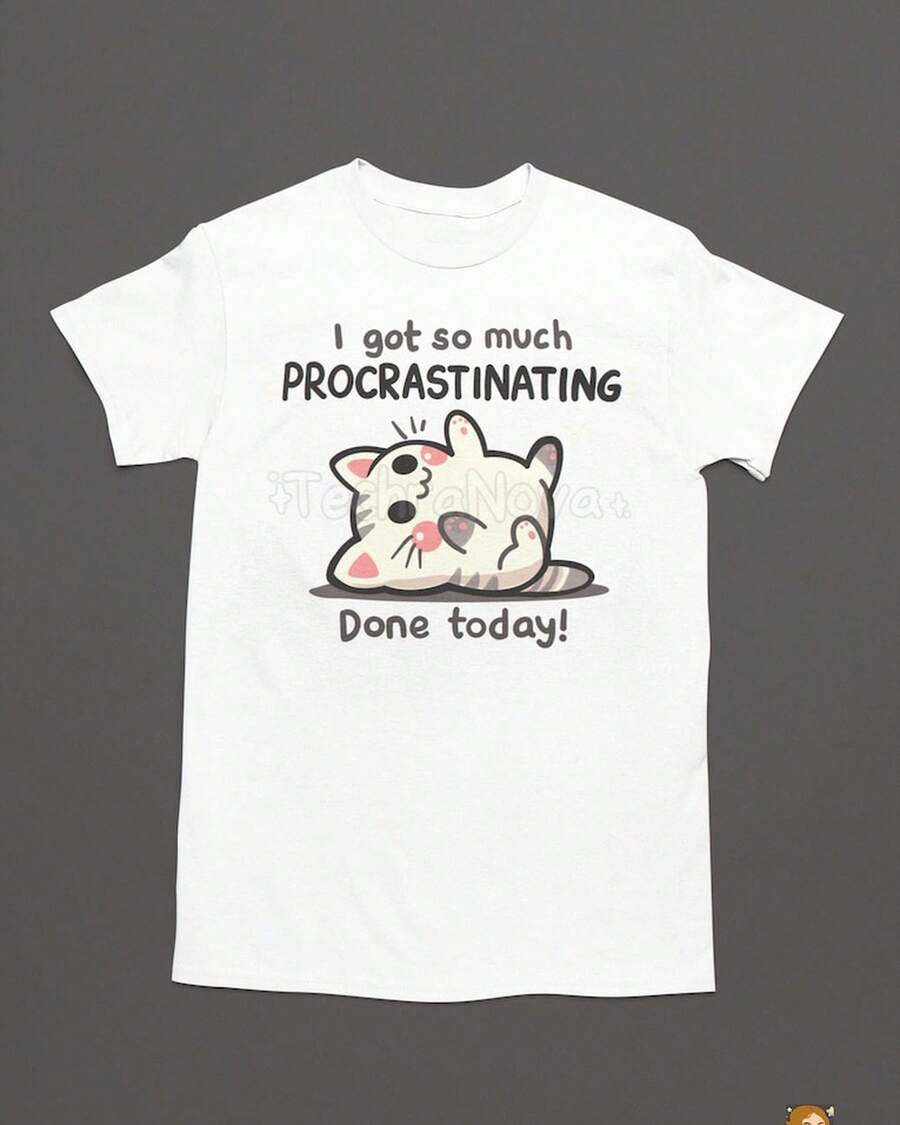 "Delay Fun" Cat Print Soft Fabric Unisex Versatile Loose Short-Sleeve Summer T-Shirt For Men And Women Tops - 白色 - 查看 1