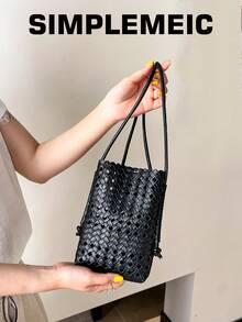 Women's Fashion Faux Woven Hollow Out Solid Color Phone Bag, Lightweight Vacation Beach Crossbody Bag - Black - View 1