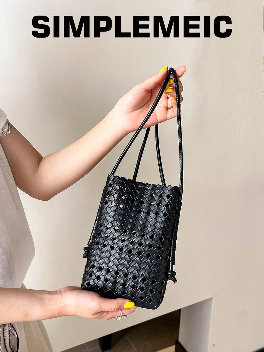 Women's Fashion Faux Woven Hollow Out Solid Color Phone Bag, Lightweight Vacation Beach Crossbody Bag - Black - View 1