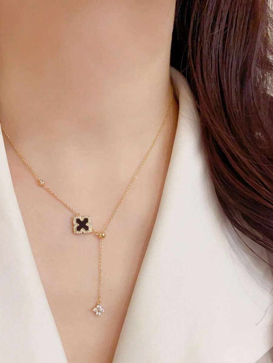 1pc Niche Zirconia Four-Leaf Clover Pull-Chain Tassel Necklace, Delicate Fashionable Luxury Versatile High-End Collarbone Chain, Four-Leaf Clover Necklace - Four-leaf Clover Necklace - View 1