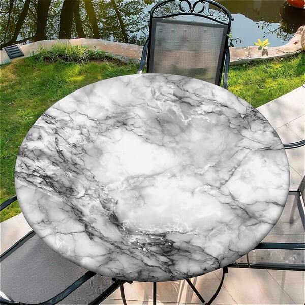 1pc Marble Pattern Round Fitted Tablecloth, Elastic Edge, Waterproof, Stain-Resistant, Suitable For Outdoor And Indoor Round Table Decoration, Multiple Sizes Available