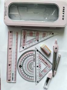 Juego de 8 piezas de compás y regla geométrica, kit completo de herramientas de dibujo matemático con regla recta, regla triangular, transportador, borrador y minas de repuesto, caja de almacenamiento de metal portátil, papelería práctica para escuela y oficina para estudiantes - A - Ver 5