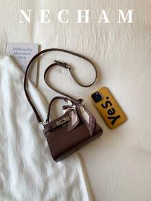 1pc Lychee Textured Asymmetrical Shoulder Bag Small Crossbody Bag Vintage Minimalist Handheld Kelly Square Bag For Women Suitable For Shopping Work Dating With Scarf Included - Coffee Brown - View 5