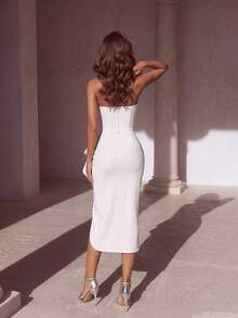 ADYCE Elegant Strapless Ruched Mesh Patchwork Boned High Waist Slit Backless Lace-Up Midi Ball Gown - White - View 2