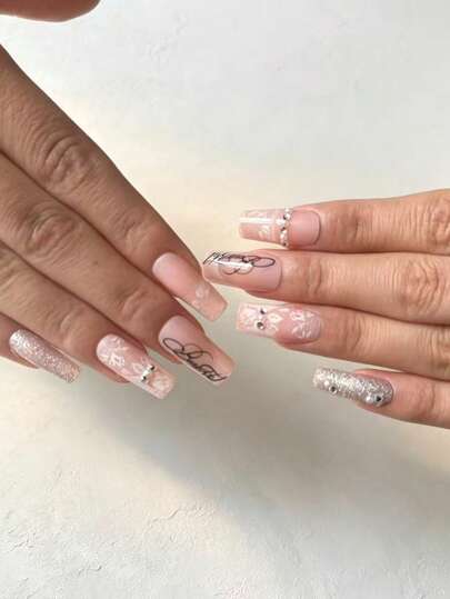 12 Peças Adesivos de Unhas Acrílicos Retangulares, Gradiente de Pó Branco, Gel 3D, Pérola Falsa Dourada, Arte de Unhas, Adequado para Mulheres e Meninas, Manicure Francesa Fofa, Adequado para Salão de Unhas
