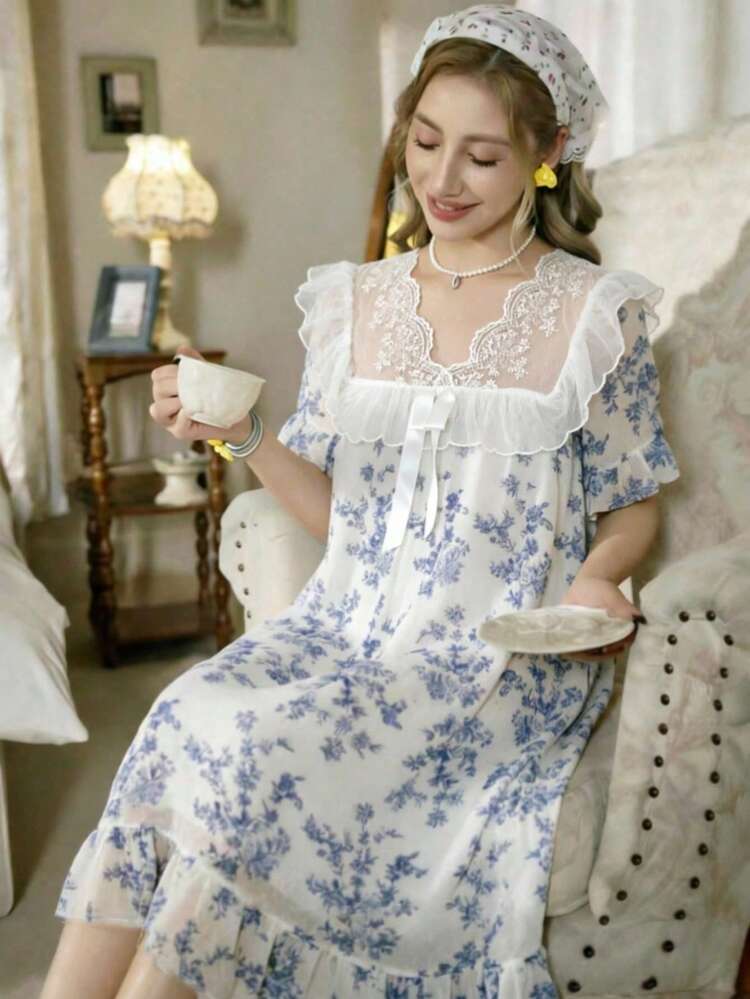 女款花卉印花網紗睡裙，蕾絲方領短袖荷葉邊睡衣，柔軟居家服 - 彩色 - 查看 2