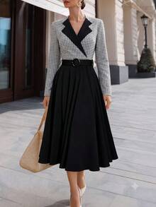 Women's Mid-Length Plaid Dress With Collar, Elegant Vintage Contrast Color Commuter Long Sleeve A-Line Dress With Belt, Autumn - Black - View 3