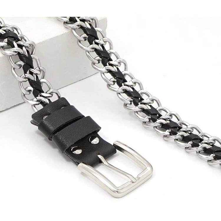 Metal Chain Waist Belt, Woven Metal Chain Belt, Fashion Versatile Patchwork Belt, Punk Style Unisex - Silver - View 3