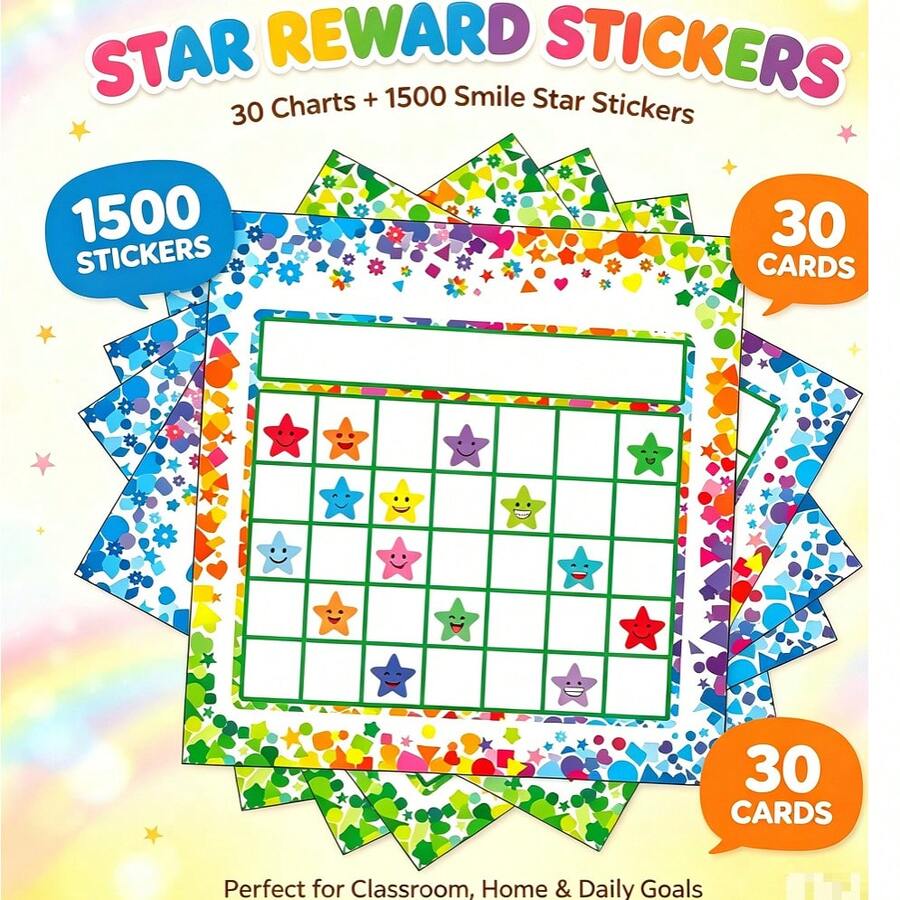 Children's Star Reward Points Cards 30pcs Set, 1500pcs Colorful Smiling Face Star Stickers, Kindergarten Classroom Home Behavior Habit Tracking Incentive Chart - Multicolor - View 1