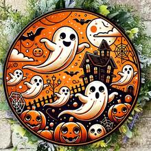 2D Flat Vintage Halloween Iron Wall Decor 8x8 Inch Decorative Plaque, With Cute Ghost, Pumpkin And Haunted House Patterns, Suitable For Home, Cafe, Bar, Office And Club Use, Pre-Drilled Holes, Style As Shown In Size Chart - Multicolor - View 3
