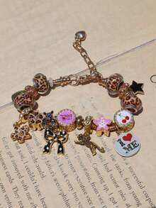 1pc Leopard Print Cherry Blossom Bow Polka Dot Charm Bracelet, Love Yourself Slogan Bracelet, Leopard Heart Music Festival Bracelet - Gold - View 4