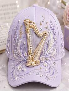 1pc Women's 3D Floral Baseball Cap, Music Theme Note Print Pearl Rhinestone Adjustable Sun Hat, Vintage Music Festival Style Baseball Cap - Multicolor - View 11