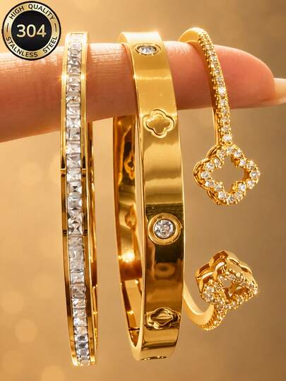 Znice Fashion Stainless Steel 18K Gold Plated Women's Full Rhinestone Bracelet With 14K Gold Heart Copper Inlaid Open Cuff Bracelet Set, Suitable For Women's Daily Wear, Holiday Gift, Fashion Women's Bracelet Set